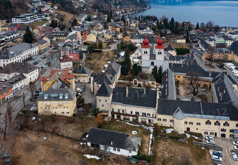 Drone shot, view of the town, Millstatt Abbey, Millstatt, Lake Millstatt, Carinthia, Austria