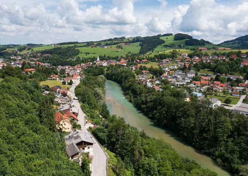 Drone image, Steinbach an der Steyr, Traunviertel, Upper Austria, Austria