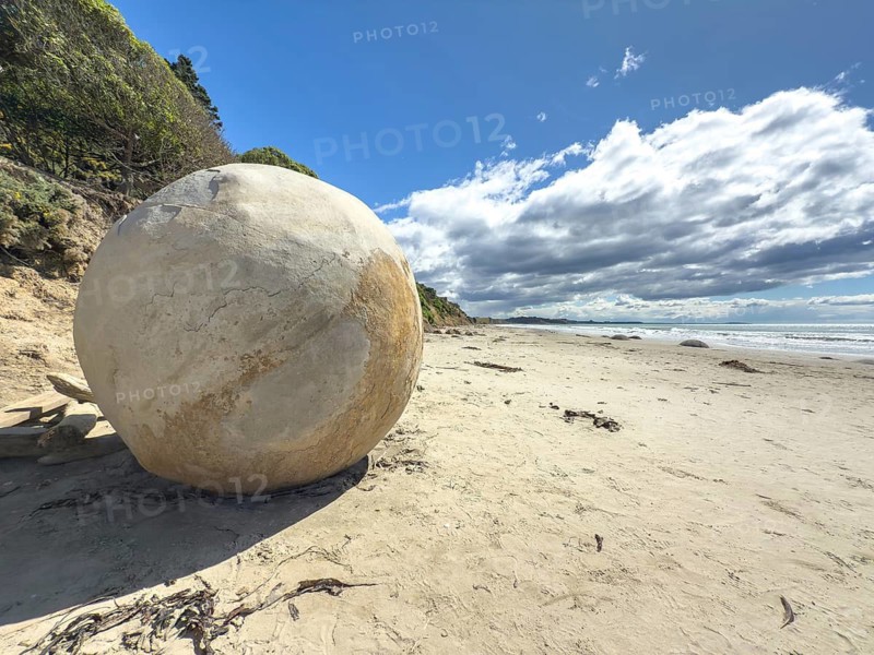 Round stones of the Moeraki Boulders at Moeraki Beach, Moeraki, South Island, New Zealand, Oceania