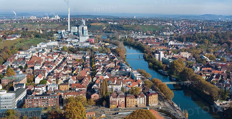 City view of Stuttgart from the air. The Neckar in Bad Cannstatt, with the Stuttgart-Münster cogeneration plant above. The Neugereut area above. Aerial view, panoramic photo. Stuttgart, Baden-Württemberg, Germany