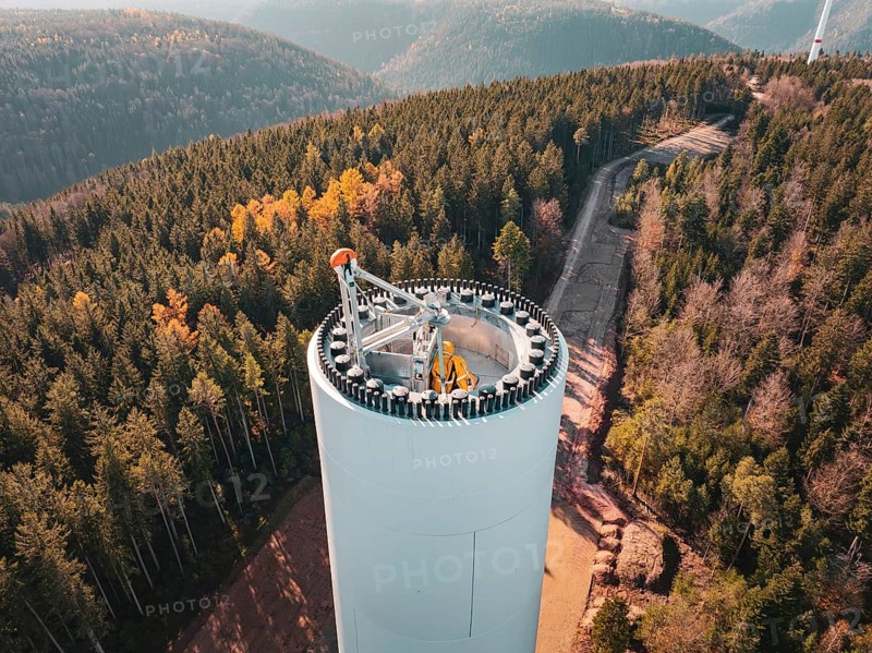 Bird's eye view of a wind turbine under construction, with a view of an extensive forest landscape, wind turbine construction, Calmbach, Black Forest, Germany