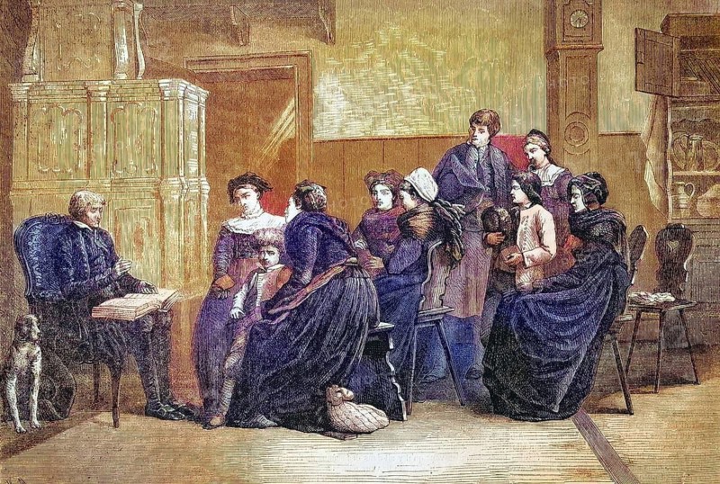 Bible lesson with an extended family in Alsace, the father reads from the book, 1869, France, Historic, digitally restored reproduction of an original 19th century original, exact original date not known
