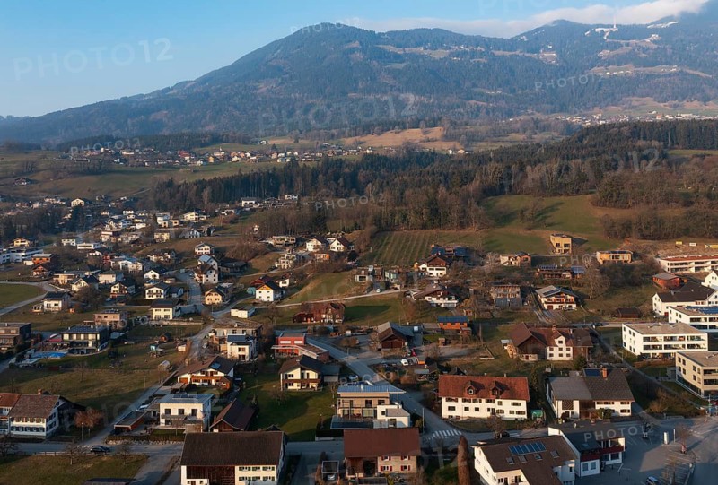 Drone image, residential buildings, residential area, Schlins, Walgau, Vorarlberg, Austria
