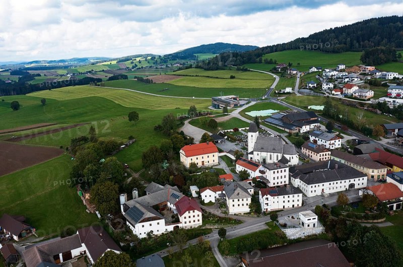 Drone image, view of the village with parish church, Grünbach near Freistadt, Mühlviertel, Upper Austria, Austria