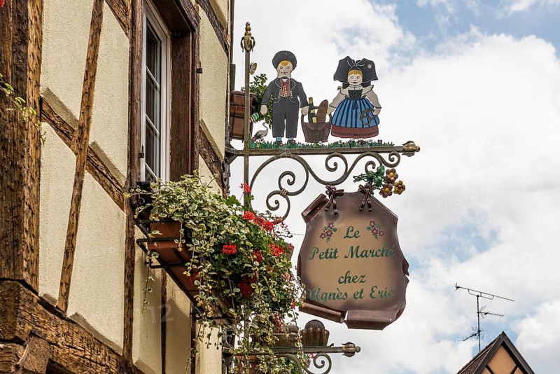 Restaurant sign, Eguisheim, Plus beaux villages de France, Haut-Rhin, Alsace, Alsace, France