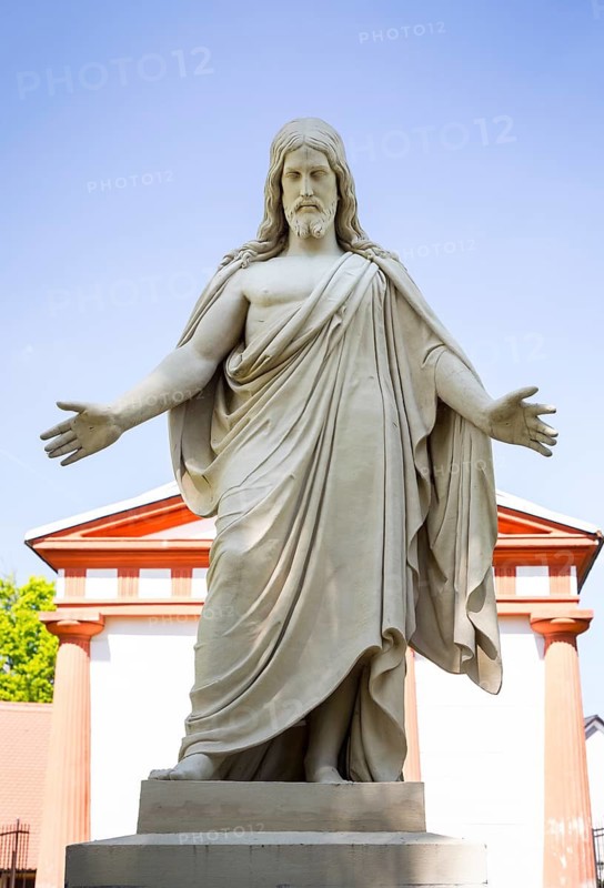 Large figure of Jesus Christ with outstretched arms at the Neschwitz cemetery, Upper Lusatia, Saxony, Germany