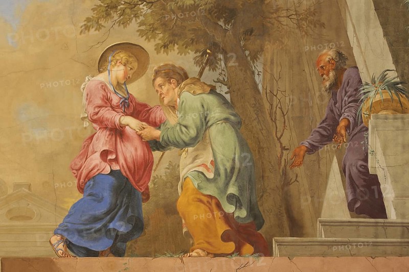 Ceiling fresco Visitation of Mary at Elisabeth by Januarius Zick 1783, Rococo, arts and crafts, painting, interior view, encounter, return, visit, Mary Magdalene, Elisabeth, monastery church, St Peter and Paul, Oberelchingen, Elchingen, Upper Swabia, Swabia, Bavaria, Germany