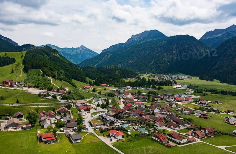 Drone image, view of the village, Grän, Tannheimer Tal, Reutte district, Tyrol, Austria