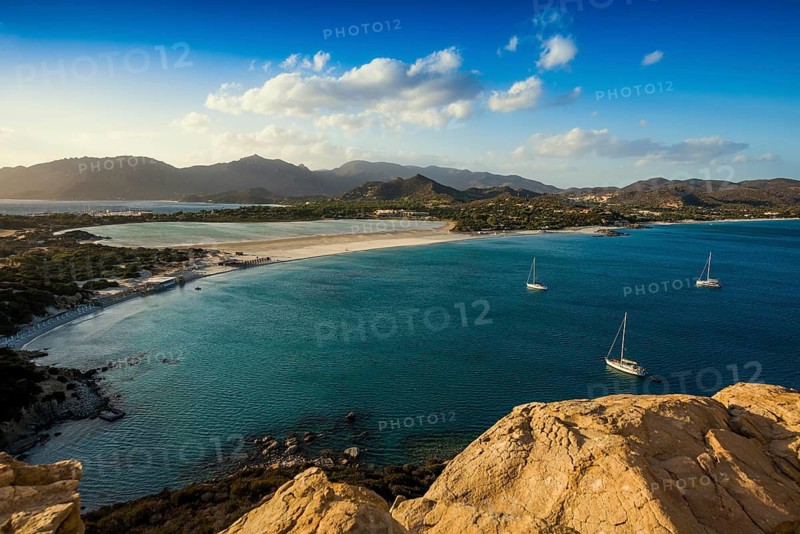 Panorama, sunset, Torre di Porto Giunco, Spiaggia di Porto Giunco, Capo Carbonara, Villasimius, south coast, Sardinia, Italy