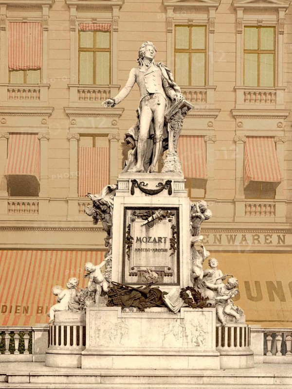 The Mozart Monument, Vienna, Austria, c. 1890, Historic, digitally restored reproduction from a 19th century original, The Mozart Monument, Vienna, Austria, c. 1890, Historic, digitally restored reproduction from a 19th century original