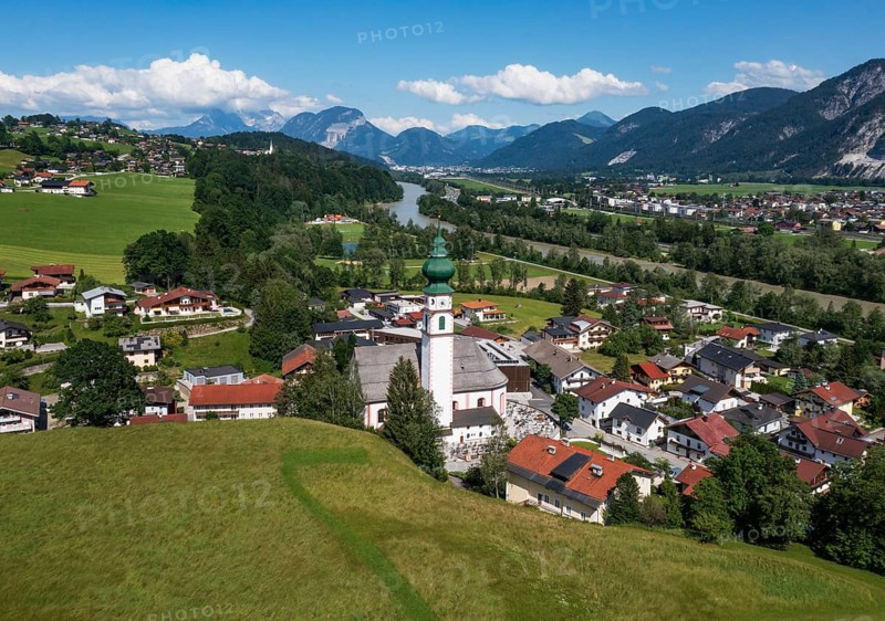 Drone image, view of village with parish church, Breitenbach am Inn, Inntal, Tyrol, Austria
