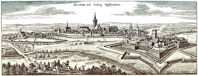 Historische Zeichnung, Stadtansicht mit Zitadelle, Spandau, Berlin, Deutschland, im 17. Jahrhundert