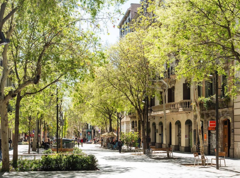 Superblock or Superilla in the Eixample neighbourhood, a highly restricted area of the city in Barcelona, Spain
