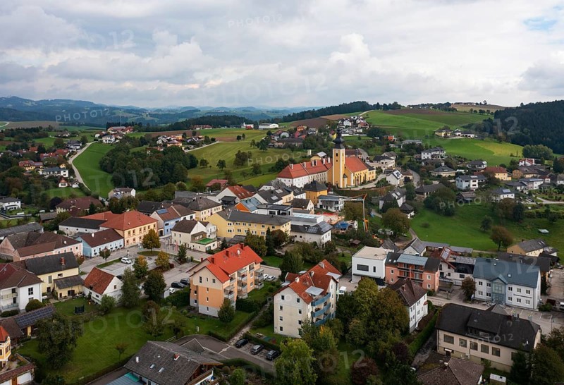 Drone image, view of village with parish church, Münzbach, Mühlviertel, Upper Austria, Austria