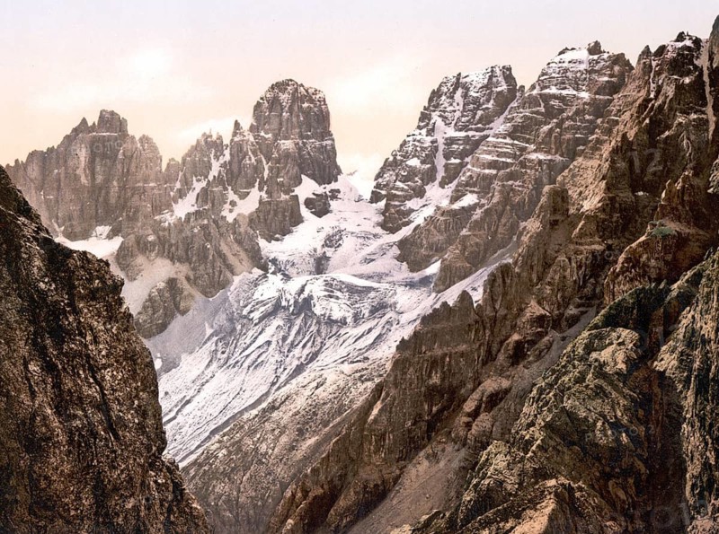 Monte Cristallo, Kristallberg, and Piz Popena Group, Tyrol, formerly Austria-Hungary, today South Tyrol, Italy, Historical, digitally restored reproduction from a 19th century original, Record date not stated
