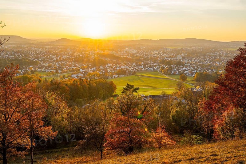 View over the city of Neumarkt from Wolfstein castle ruins at sunset in autumn, Neumarkt in der Upper Palatinate