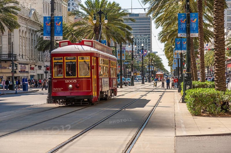 Electric streetcar on Canal Street in downtown New Orleans, Louisiana, USA