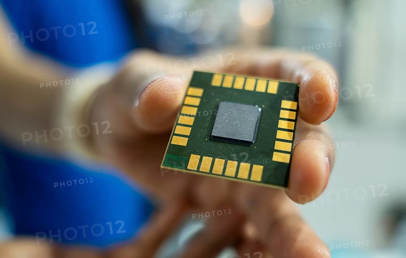 A person shows a computer chip in a stall, during The Advantage Assam 2.0 Investment Summit in Guwahati, India on 25 February 2025