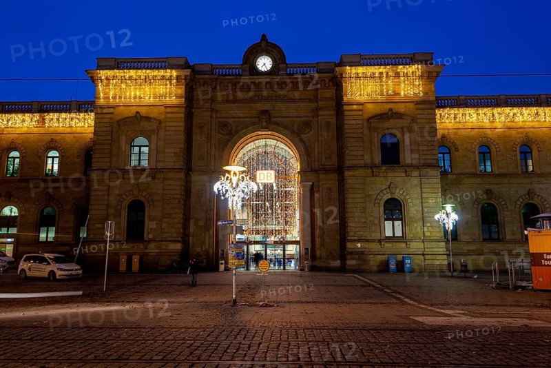 Magdeburg Central Station, decorated for Christmas with fairy lights, Magdeburg, Saxony-Anhalt, Germany