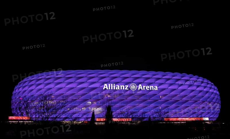 Allianz Arena illuminated violet purple in honour of International Day of People with Disabilities Exterior shot, Logo, Allianz Arena, Munich, Bavaria, Germany