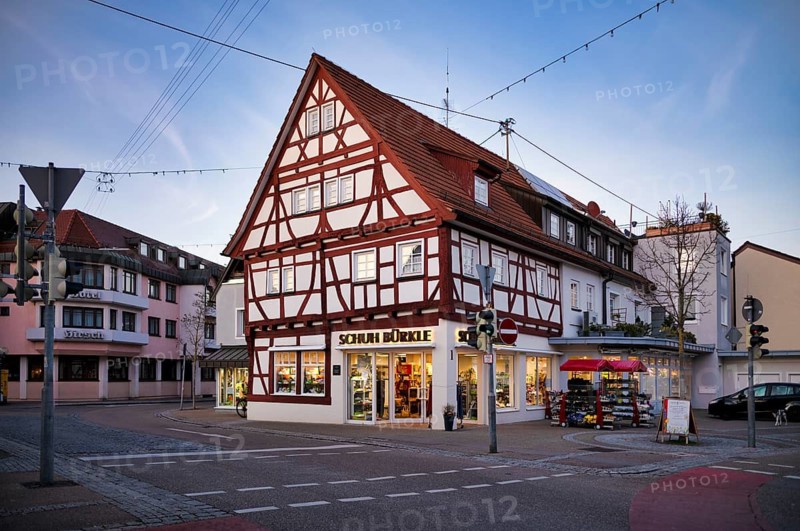 Retail, shoe shop Bürkle, half-timbered house, Schmiden near Fellbach, Baden-Württemberg, Germany