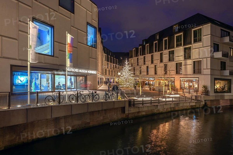 Night view of the Neues Museum Nuremberg, the Museum of the Future on the Pegnitz, Nuremberg, Middle Franconia, Bavaria, Germany