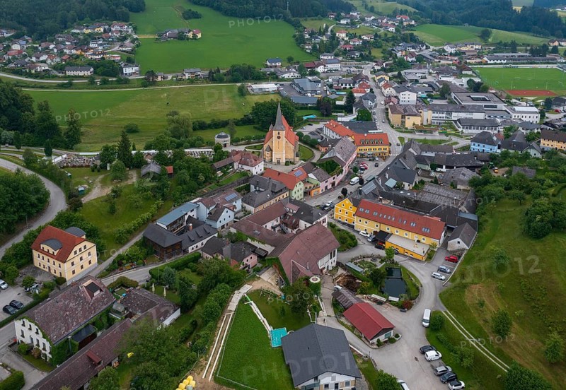 Drone image, view of the village, Waldhausen im Strudengau, Mühlviertel, Upper Austria, Austria