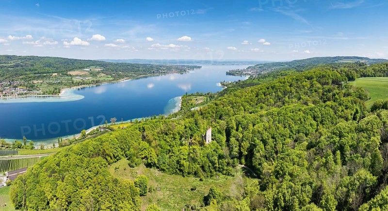 Aerial view, panorama of the Neuburg ruins, historical sight above Lake Constance, Untersee, Lake Rhine, opposite the Höri peninsula, Canton Thurgau, Switzerland