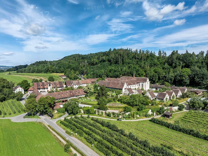 Aerial view of Ittingen Charterhouse, a former Carthusian monastery, today a cultural centre, conference centre, museum, hotel, restaurant and estate, Warth-Weiningen, Canton Thurgau, Switzerland