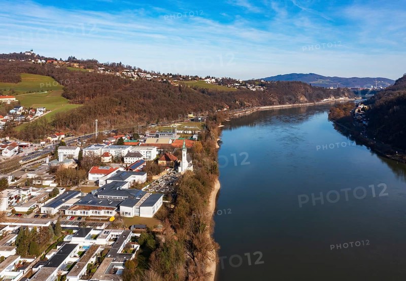 Drone image, housing estate, apartment blocks and high-rise estate, Puchenau, Linz Land district, Danube, Upper Austria, Austria