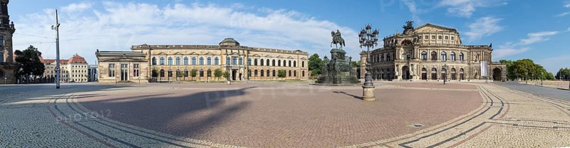 Panorama of Postplatz with Schinkelwache, Semper Building from the Zwinger, King John Monument and Semper Opera House, Dresden, Saxony, Germany