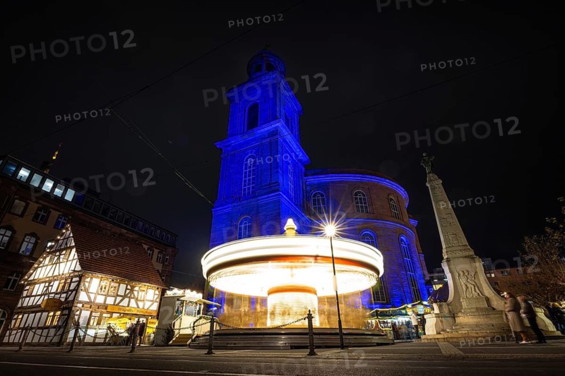 St Paul's Church in Frankfurt am Main will be illuminated in blue in the middle of the Christmas market on 10 December 2024, International Human Rights Day. This commemorates the declaration of the UN Human Rights Charter of 10 December 1948. Frankfurt am Main, Römerberg, Hesse, Germany