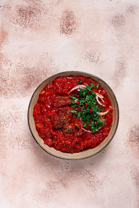 Chashushuli, a traditional Georgian dish, spicy, stewed meat with tomatoes and spices, homemade, no people