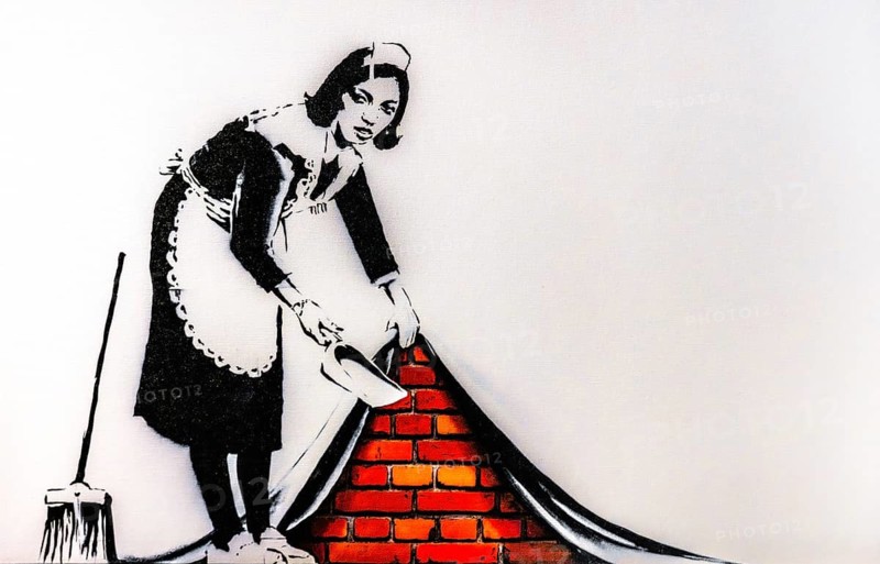 Banksy - Sweep it Under the Carpet, metaphor for repression and ignorance, 2006, Chalk Farm Road, London, UK, exhibition The World of Banksy