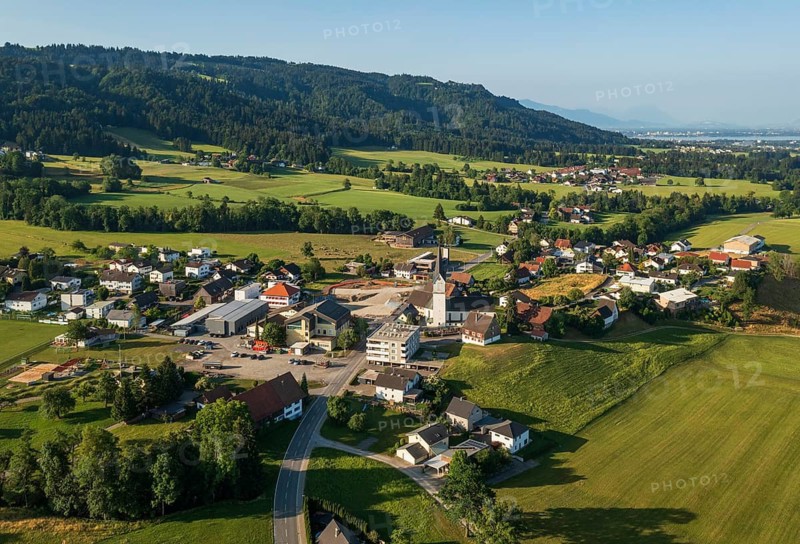 Drone image, view of village with parish church, Hohenweiler, Vorarlberg, Austria