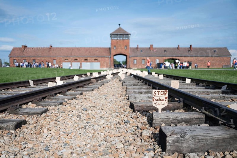 A plaque with an inscription Sop Racism on the site of the former Auschwitz Birkenau concentration camp