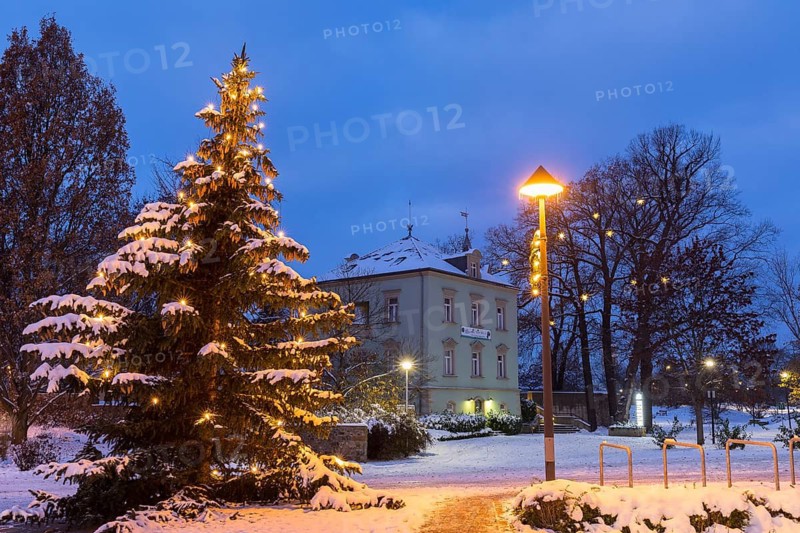 Christmas tree in front of the town hall, in the background the local history museum Karrasburg with star tree at dusk in the snow, Coswig, Saxony, Germany