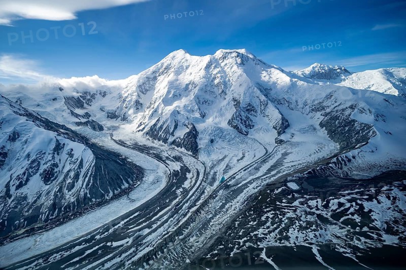 Mt Denali or Mount McKinley with East Fork Kahiltna Glacier, aerial view, Alaska Range, Denali National Park, Alaska, USA