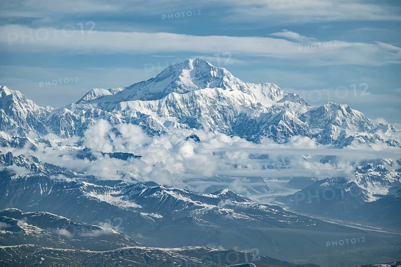 Panorama, clouds over high mountains, Mt Denali or Mount McKinley, aerial view, Alaska Range, Denali National Park, Alaska, USA