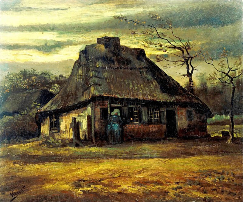 The cottage (1885), Painting by Vincent Willem van Gogh (born 30 March 1853 in Groot-Zundert, died 29 July 1890 in Auvers-sur-Oise), Dutch painter and draughtsman, one of the founders of modern painting, Illustration, Reproduction from a painting. Authentic, exact date of original unknown, Historical, A simple thatched house in a village at dusk, a person standing outside