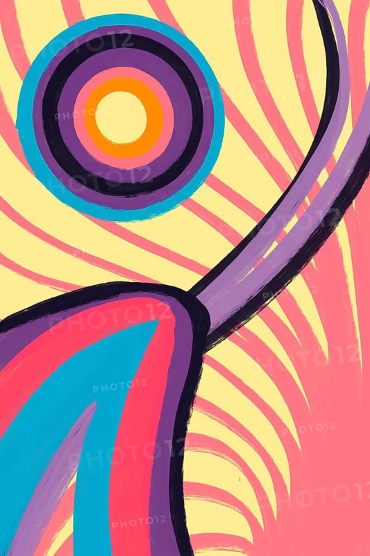 This abstract art piece features bold colorful spirals and dynamic stripes against a pastel background, ideal for vibrant decor