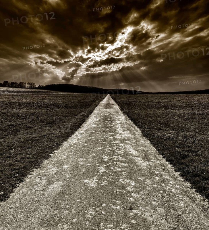Bike path R1 with a dramatic cloudy sky, near Wesertal, Weser Uplands, Weserbergland, Hesse, Germany, digitally edited