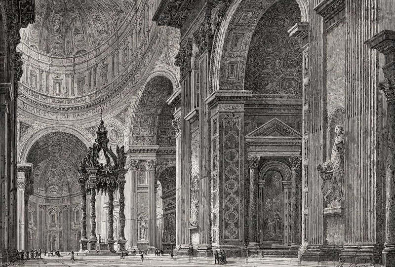 Interior view of the Papal Basilica of St. Peter, Vatican City, Rome, Italy, 19th Century