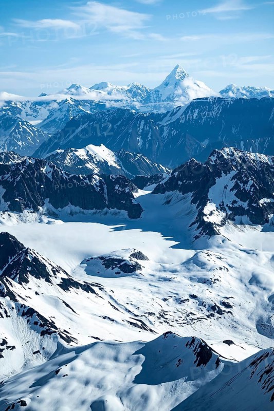 Snow and ice, epic mountains with glaciers, aerial view, Alaska Range, Denali National Park, Alaska, USA