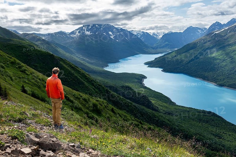Mountaineer enjoys views of blue lake and mountains on Twin Peaks Trail, Eklutna Lake, Chugach Mountains, Chugach State Park, Alaska, USA