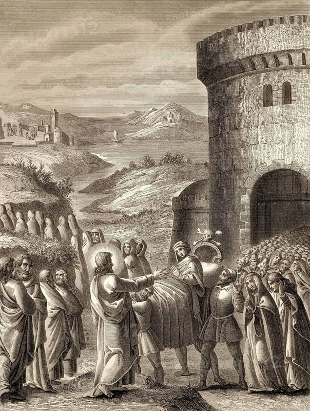 The raising of the son of the widow of Nain, New Testament, 1853, digitally restored