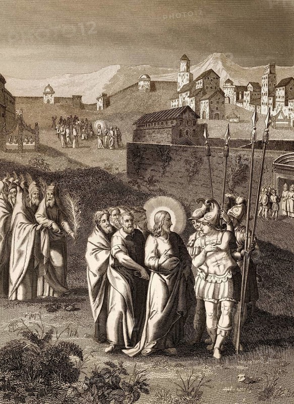 Pharisees try to trap Jesus, Is it right to pay taxes to Caesar or not, steel engraving 1853, digitally restored