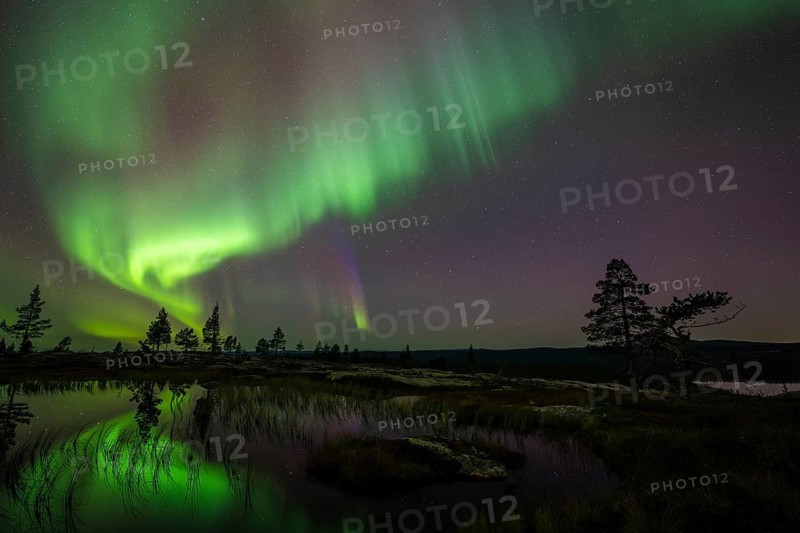 Northern Lights (Aurora borealis) reflected in a mountain lake, Norrbotten, Lapland, Sweden, September 2024