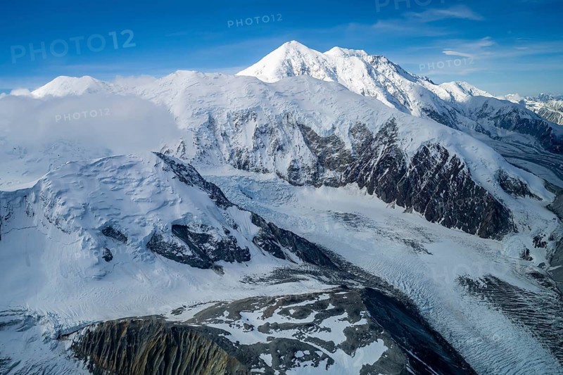 Mt Denali or Mount McKinley with glacier, aerial view, Alaska Range, Denali National Park, Alaska, USA