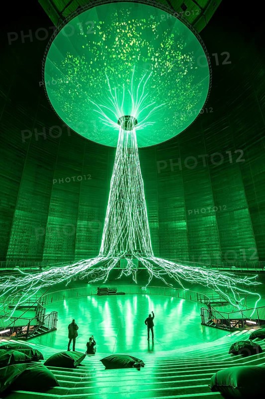 New exhibition at Gasometer Oberhausen, art sculpture The Tree, 40 meter high light installation, shows different stages of a tree with light and music, exhibition Myth Forest, on 3 levels and with several thematic chapters, the exhibition shows the diversity of the world's forests with pictures, videos and exhibits, North Rhine-Westphalia, Germany